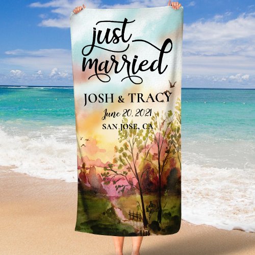 Modern Calligraphy Just Married Bath Towel
