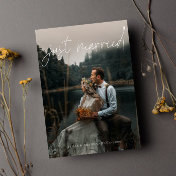 Modern Calligraphy Just Married Photo Elopement Announcement by AtelierAdair at Zazzle