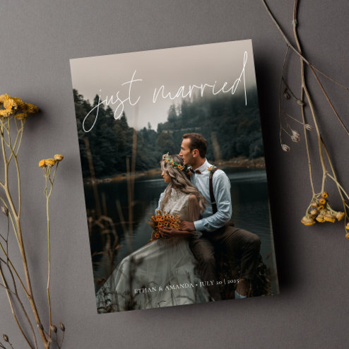Wedding announcements - Pink Dramatic personalized gifts for you Modern calligraphy just married photo elopement announcement