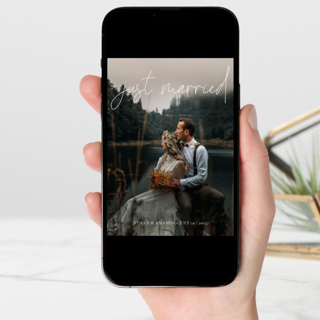 Modern Calligraphy Just Married Photo Elopement Announcement (Front Digital)