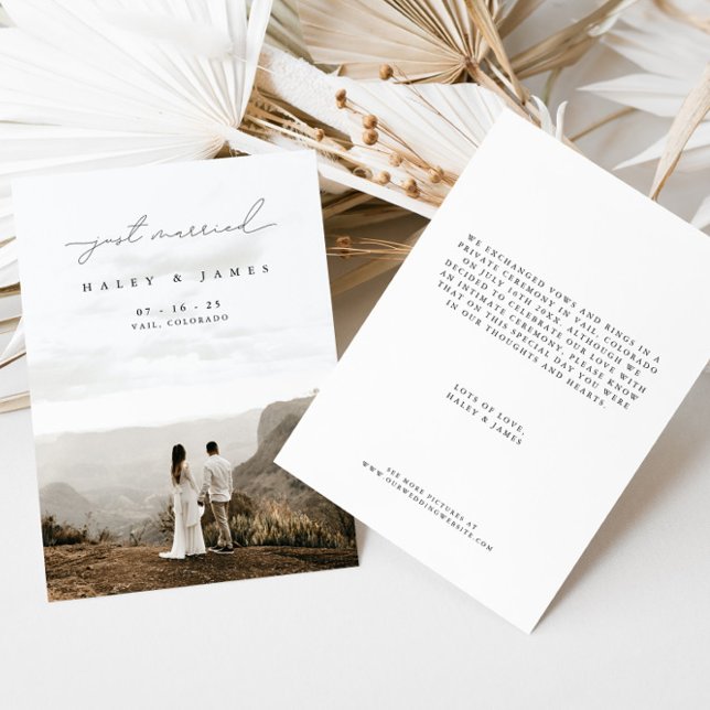 Modern Calligraphy Just Married Photo Wedding Announcement (Creator Uploaded)