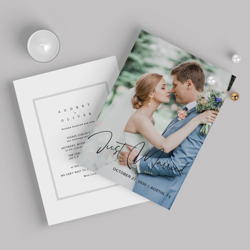 Modern Calligraphy Just Married Photo Wedding Invitation