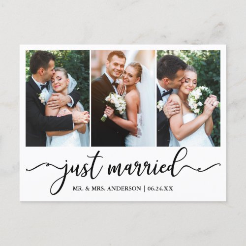 Modern Calligraphy Just Married Wedding 3 Photo Postcard