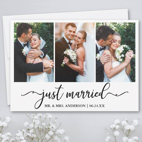 Modern Calligraphy Just Married Wedding 3 Photo Thank You Card