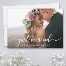 Modern Calligraphy Just Married Wedding Photo