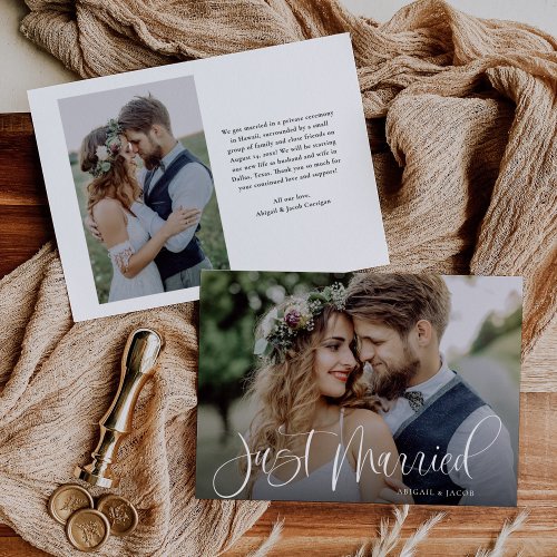 Modern Calligraphy Just Married Wedding Photo Announcement