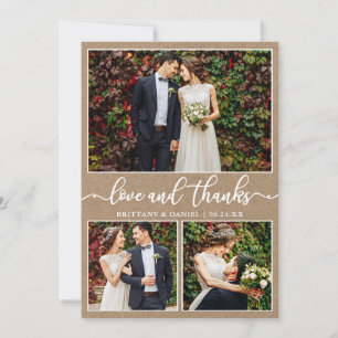 Modern Calligraphy Kraft 3 Photo Wedding Collage Thank You Card