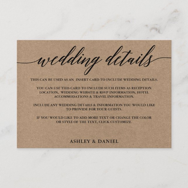 Modern Calligraphy Kraft Wedding Details Enclosure Card (Front)