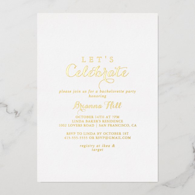 Modern Calligraphy Let's Celebrate Party Gold   Foil Invitation (Front)