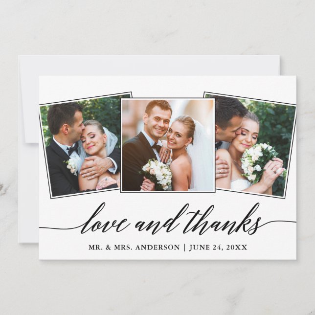 Modern Calligraphy Love and Thanks 3 Photo Thank You Card (Front)