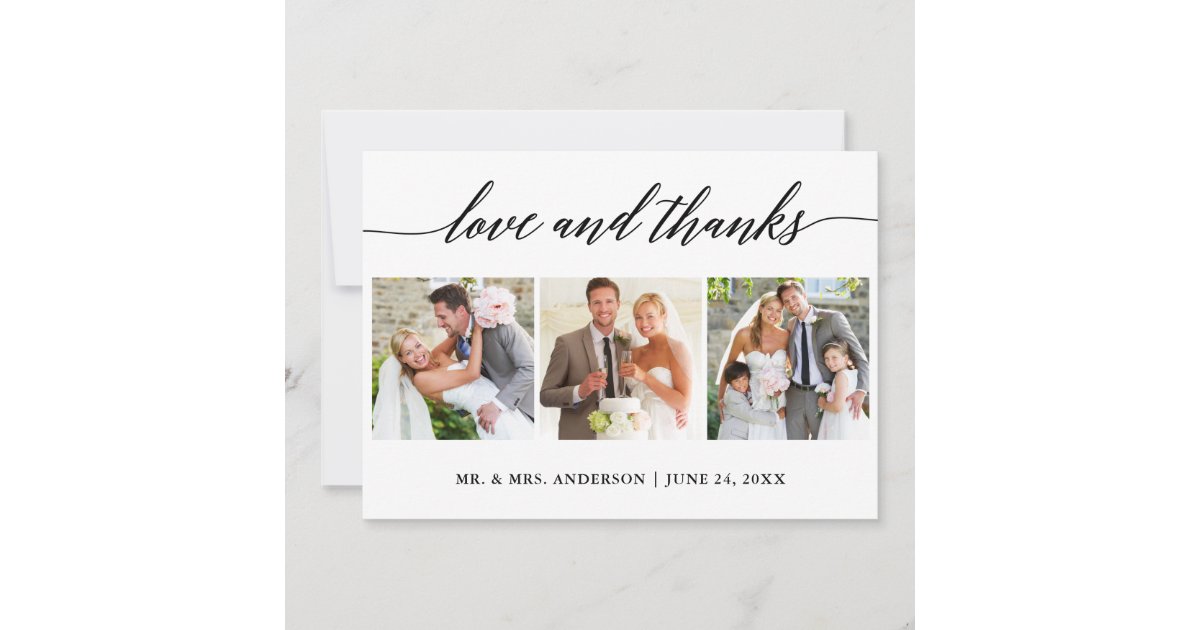Modern Calligraphy Love and Thanks Wedding 3 Photo Thank You Card | Zazzle
