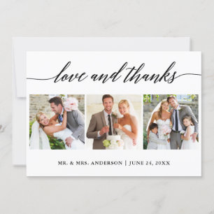 Modern Calligraphy Love and Thanks Wedding 3 Photo Thank You Card