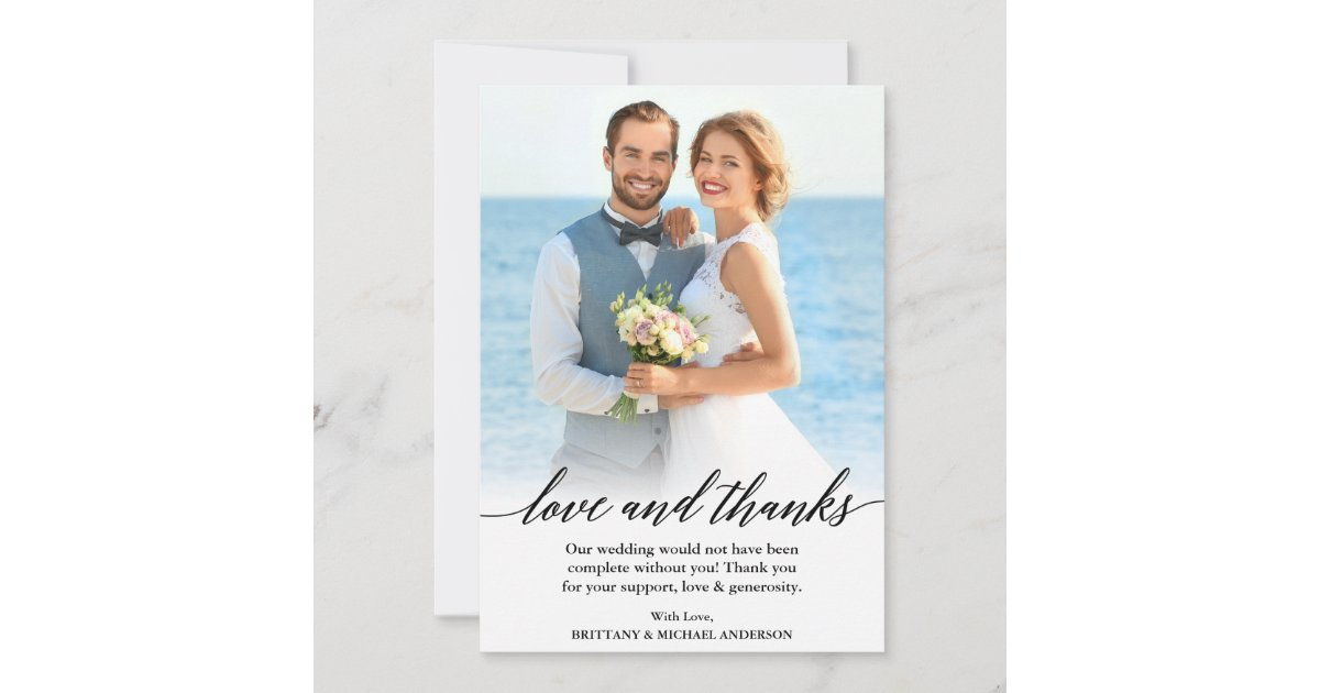 Modern Calligraphy Love and Thanks Wedding Photo Thank You Card | Zazzle