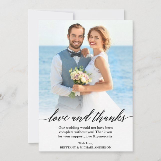 Modern Calligraphy Love and Thanks Wedding Photo Thank You Card (Front)