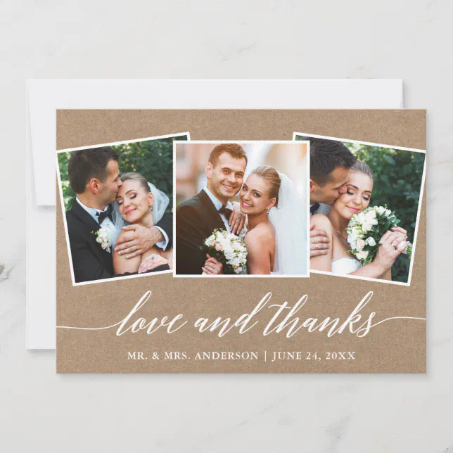 Modern Calligraphy Love Thanks 3 Photo Kraft Thank You Card | Zazzle