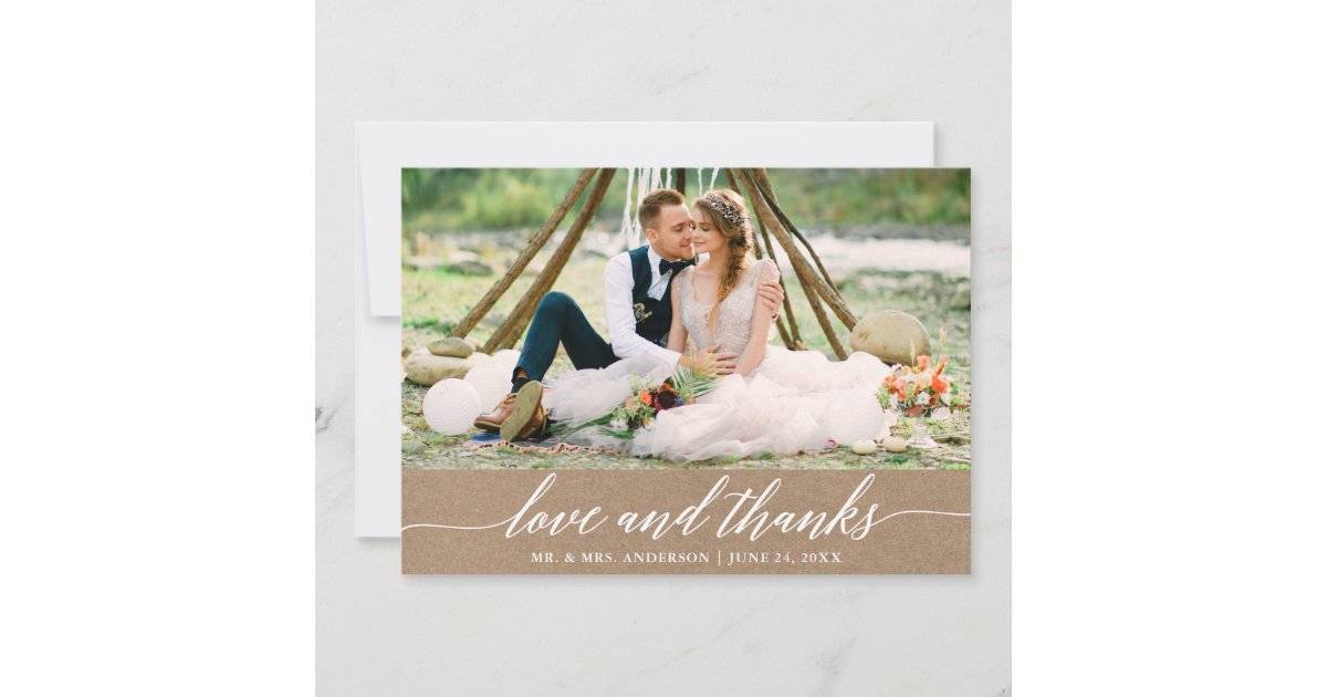 Modern Calligraphy Love Thanks Wedding Kraft Thank You Card | Zazzle