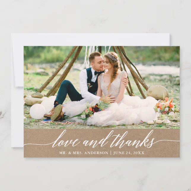 Modern Calligraphy Love Thanks Wedding Kraft Thank You Card | Zazzle