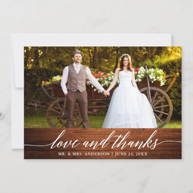 Modern Calligraphy Love Thanks Wood Wedding Thank You Card (Front)