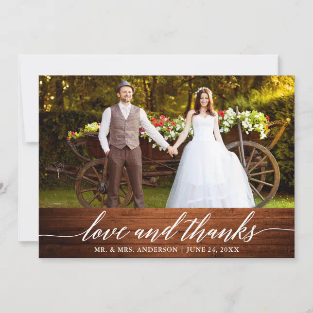 Modern Calligraphy Love Thanks Wood Wedding Thank You Card | Zazzle