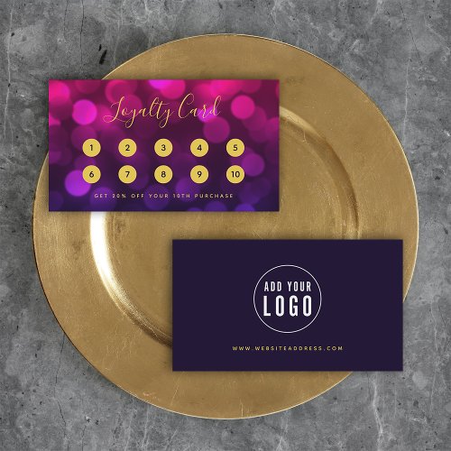 Modern Calligraphy Magenta Blue Bokeh Lights Loyalty Card