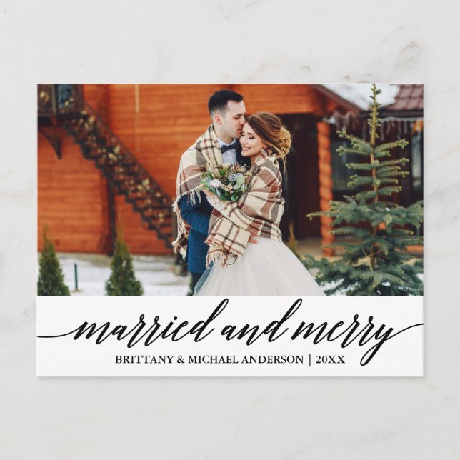Modern Calligraphy Married and Merry Wedding Photo Postcard (Front)