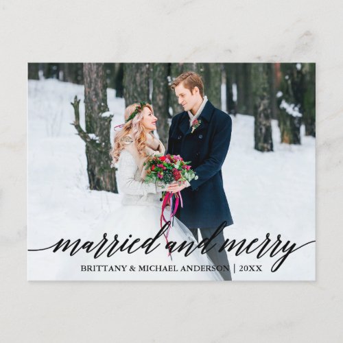 Modern Calligraphy Married and Merry Wedding Photo Postcard