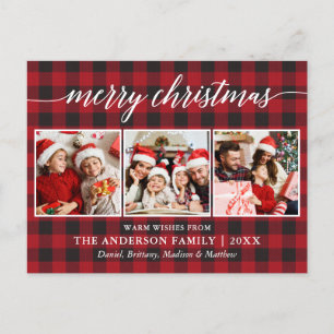 Modern Calligraphy Merry Christmas 3 Photo Plaid Postcard
