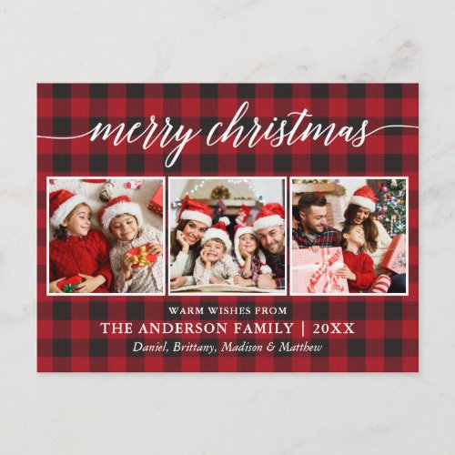 Modern Calligraphy Merry Christmas 3 Photo Plaid Postcard