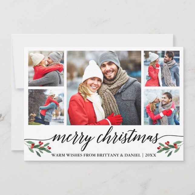 Modern Calligraphy Merry Christmas 5 Photo Holiday Card (Front)