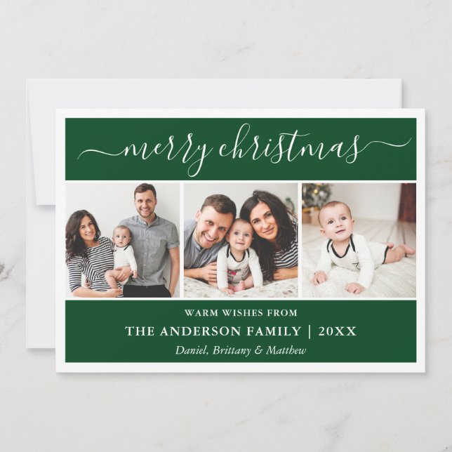 Modern Calligraphy Merry Christmas Green 3 Photo Holiday Card (Front)