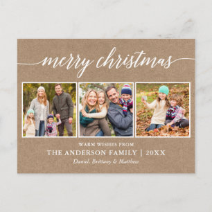 Modern Calligraphy Merry Christmas Kraft 3 Photo Postcard