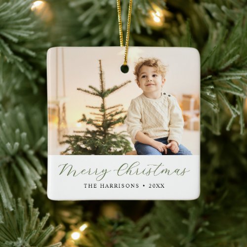 Modern Calligraphy Merry Christmas Photo Ceramic Ornament