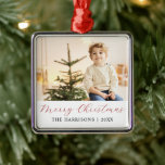 Modern Calligraphy Merry Christmas Photo Metal Ornament<br><div class="desc">Modern elegant minimal holiday ornament features one large of your favorite photo,  festive red script calligraphy "Merry Christmas" with classic serif lettering in black.</div>