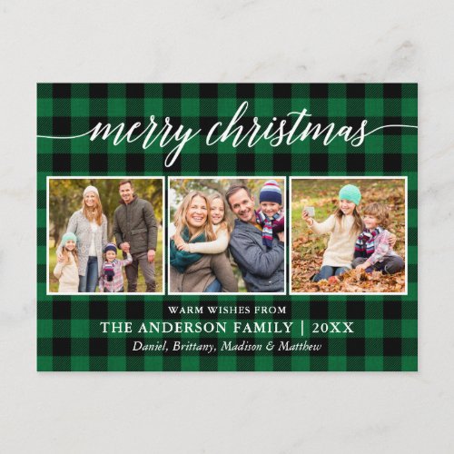 Modern Calligraphy Merry Christmas Plaid 3 Photo Postcard