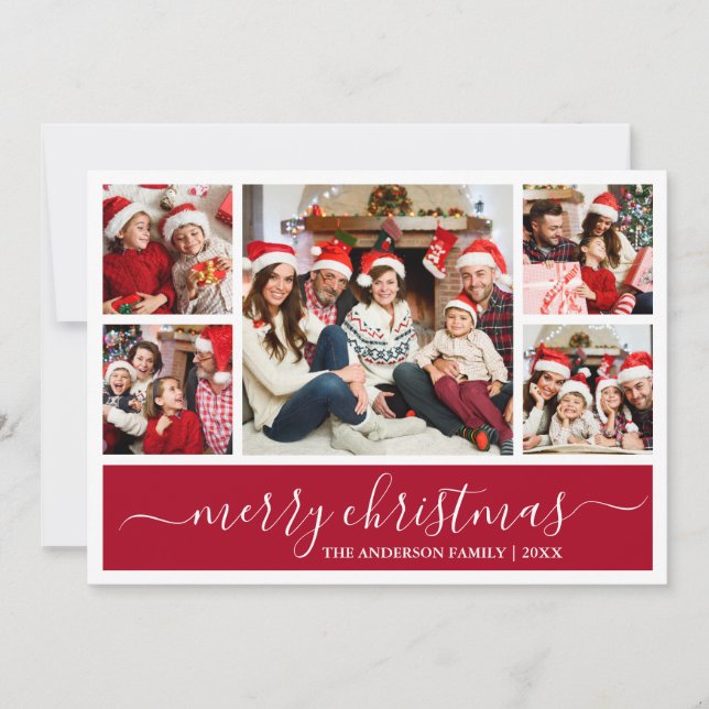 Modern Calligraphy Merry Christmas Red 5 Photo Holiday Card (Front)