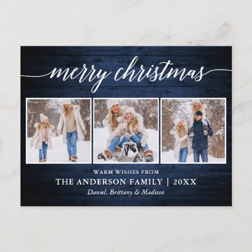 Modern Calligraphy Merry Christmas Wood 3 Photo Postcard