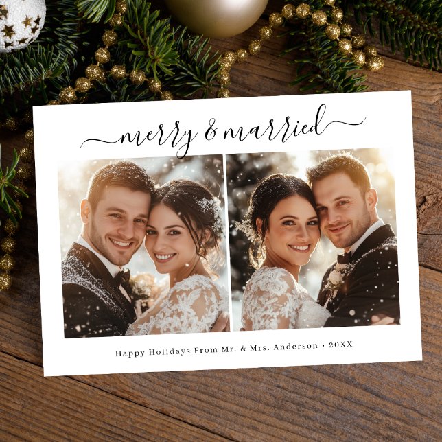 Modern Calligraphy Merry & Married Christmas Photo Holiday Card (Creator Uploaded)