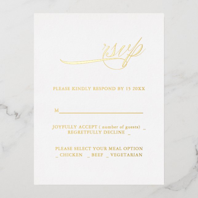 Modern Calligraphy Minimalisrt Wedding RSVP Foil Invitation Postcard (Front)