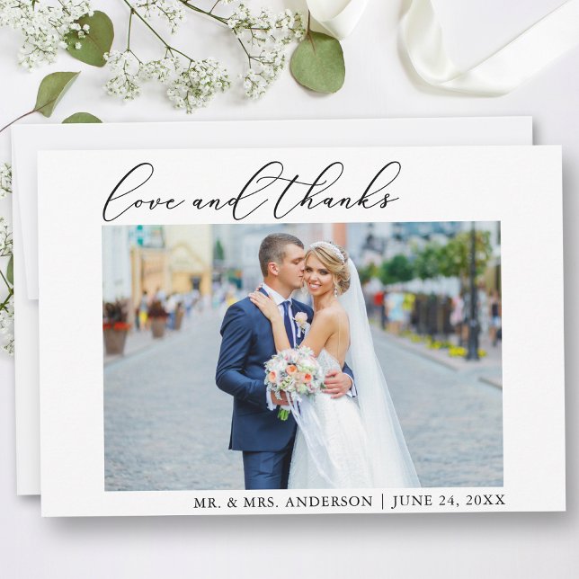 Modern Calligraphy Minimalist Love Thanks Wedding Thank You Card (Customize to add text or more photos to back of card.)