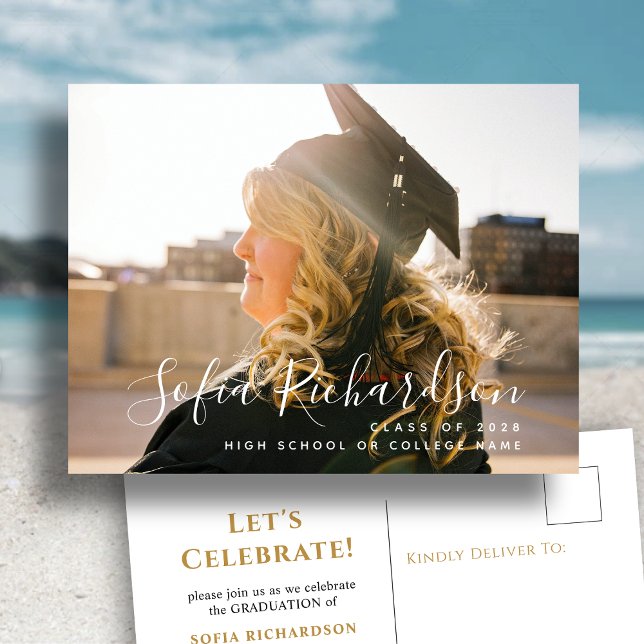 Modern Calligraphy Minimalist Photo Graduation  Invitation Postcard (Creator Uploaded)