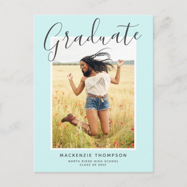 Modern Calligraphy Mint Green Photo Graduation Postcard (Front)