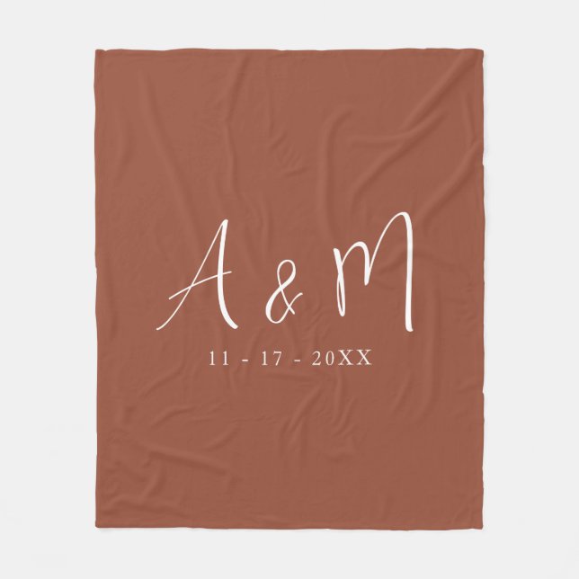Modern Calligraphy Monogram Initials and Date Fleece Blanket (Front)