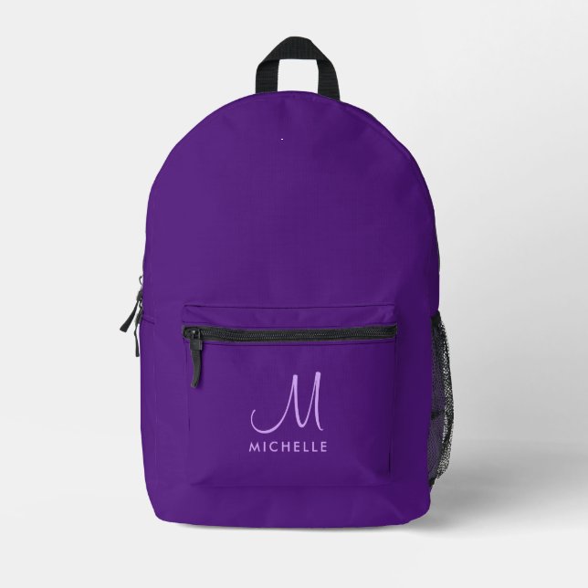Modern Calligraphy Monogram Name Royal Purple Printed Backpack (Front)