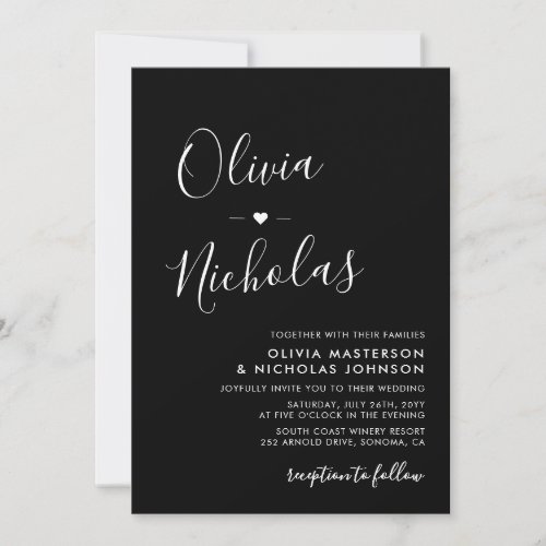 Modern Calligraphy Monogram QR Code Black Wedding Invitation