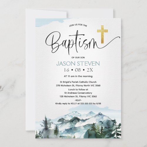 Modern Calligraphy Mountain Pine Trees Baptism  Invitation