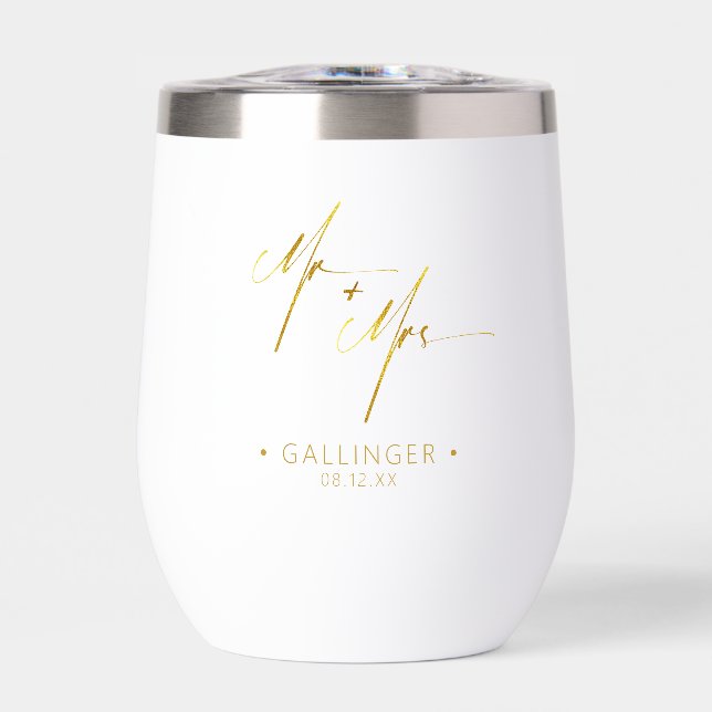 Modern Calligraphy Mr & Mrs Gold ID1025 Thermal Wine Tumbler (Front)