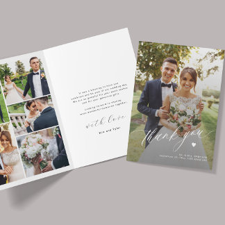Modern calligraphy multi photo wedding thank you card