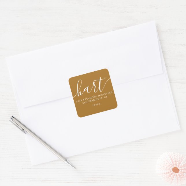 Modern Calligraphy Mustard Gold Return Address Square Sticker (Envelope)