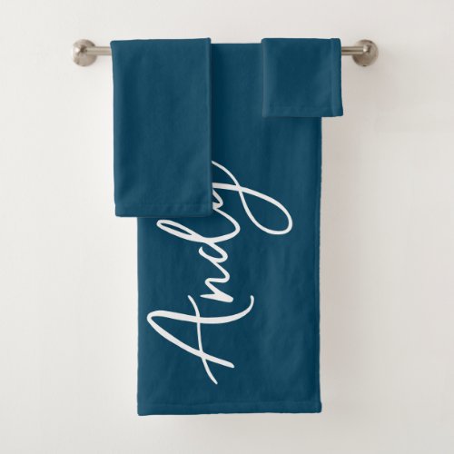Modern Calligraphy Navy Blue Custom Name Bath Towel Set