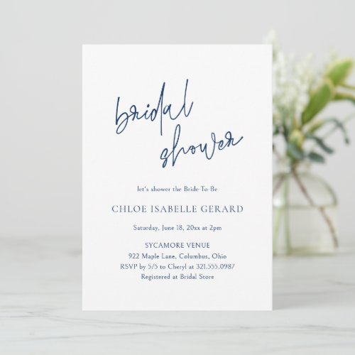 Modern Calligraphy Navy Blue Elegant Bridal Shower Invitation